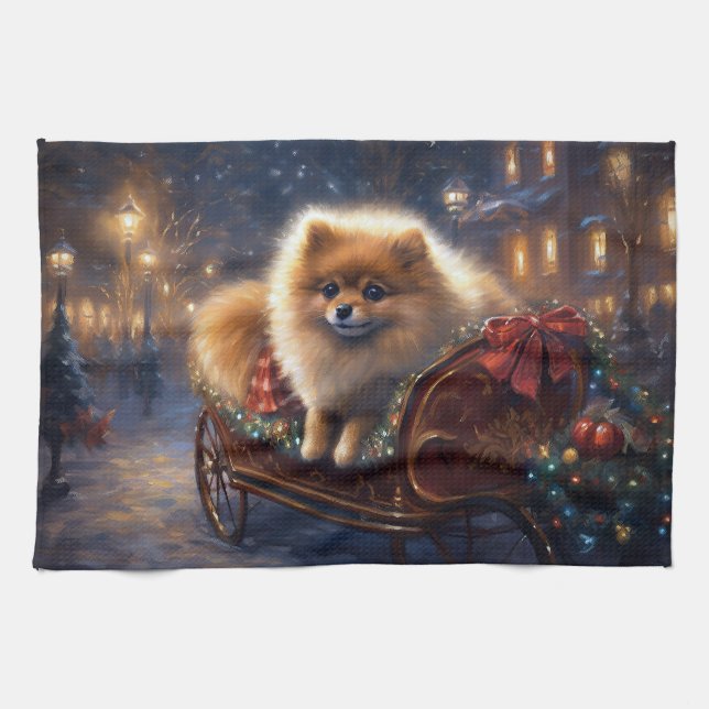 Pomeranian Christmas Festive Season Brushed  Tea Towel (Horizontal)