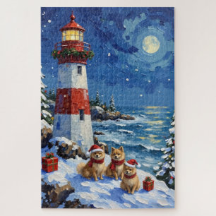 Pomeranian Christmas Lighthouse Holiday Jigsaw Puzzle