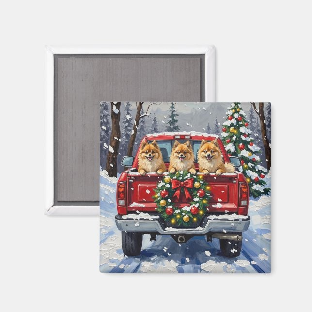 Pomeranian Christmas Red Truck Holiday Gift Magnet (Front/Back)