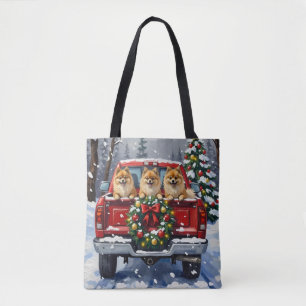 Pomeranian Christmas Red Truck Holiday Gift Tote Bag