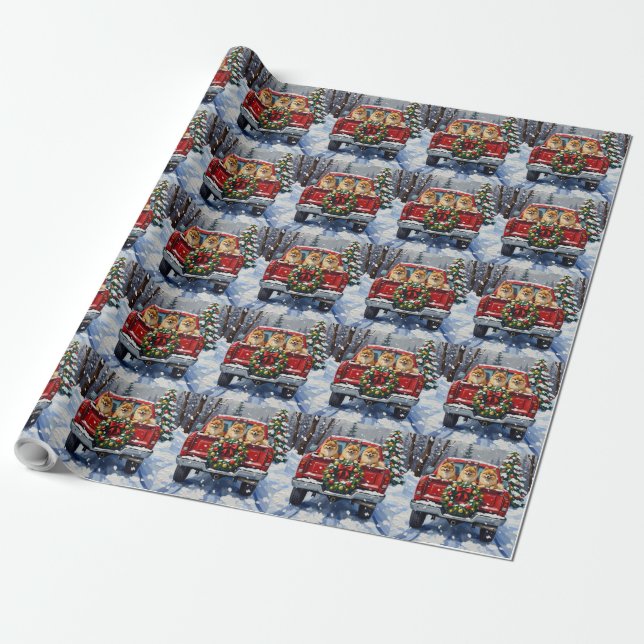 Pomeranian Christmas Red Truck Holiday Gift Wrapping Paper (Unrolled)