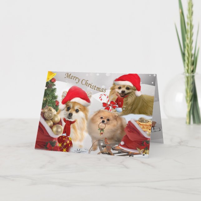 Pomeranian Christmas snow scene card2 Holiday Card (Front)