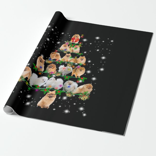 Pomeranian Christmas Tree Covered By Flashlight Wrapping Paper (Unrolled)