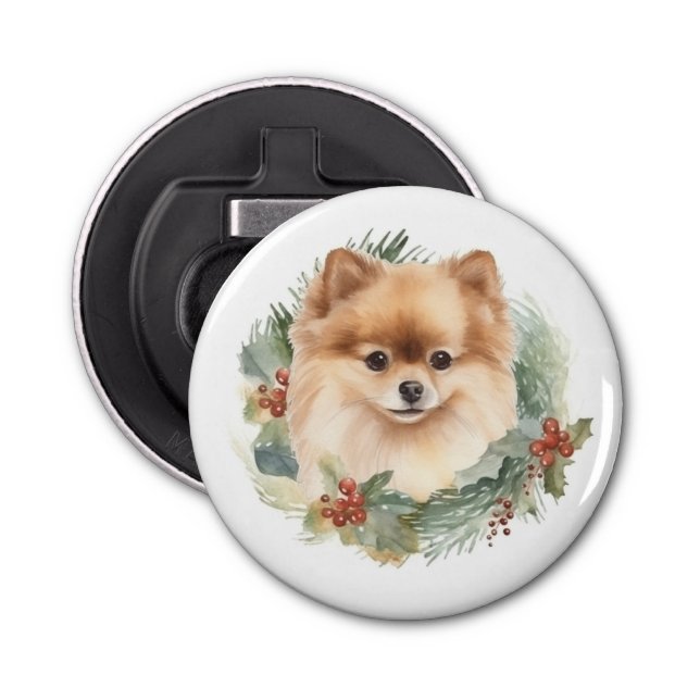 Pomeranian Christmas Wreath Festive Pup Bottle Opener (Front)