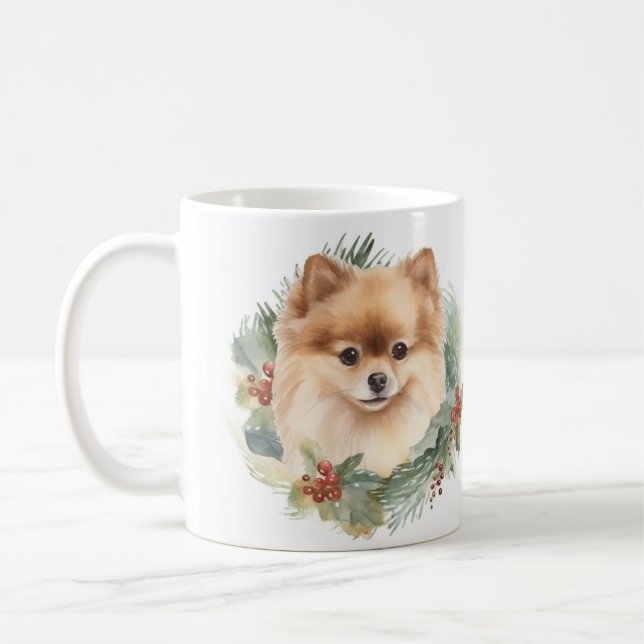 Pomeranian Christmas Wreath Festive Pup Coffee Mug (Left)