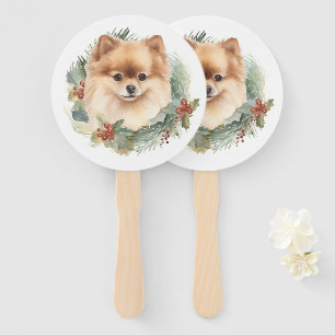 Pomeranian Christmas Wreath Festive Pup Hand Fan
