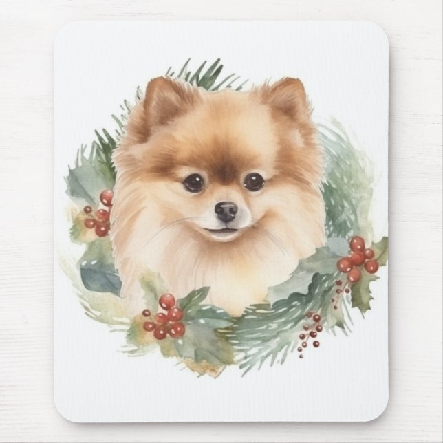 Pomeranian Christmas Wreath Festive Pup Mouse Mat (Front)