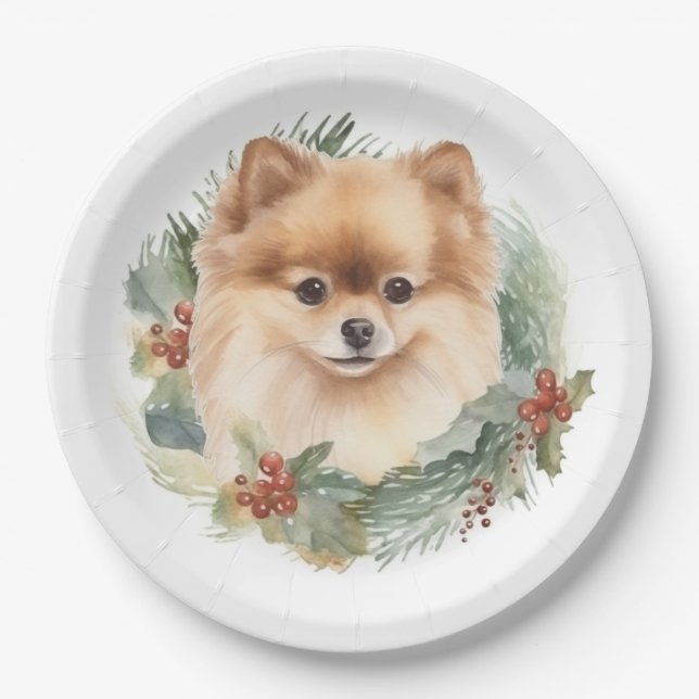 Pomeranian Christmas Wreath Festive Pup Paper Plate (Front)