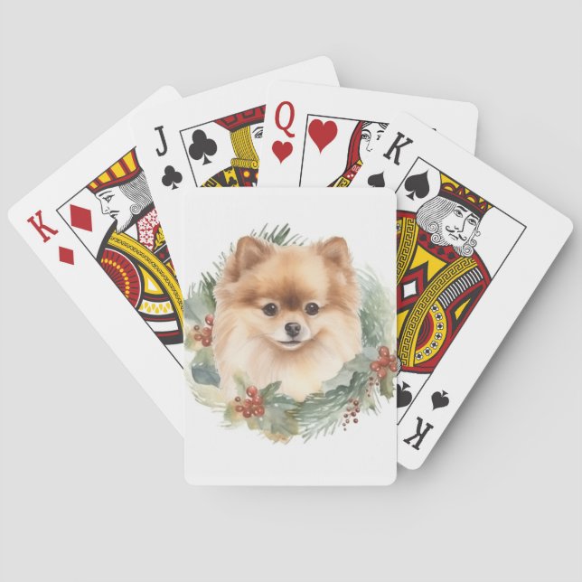 Pomeranian Christmas Wreath Festive Pup Playing Cards (Back)