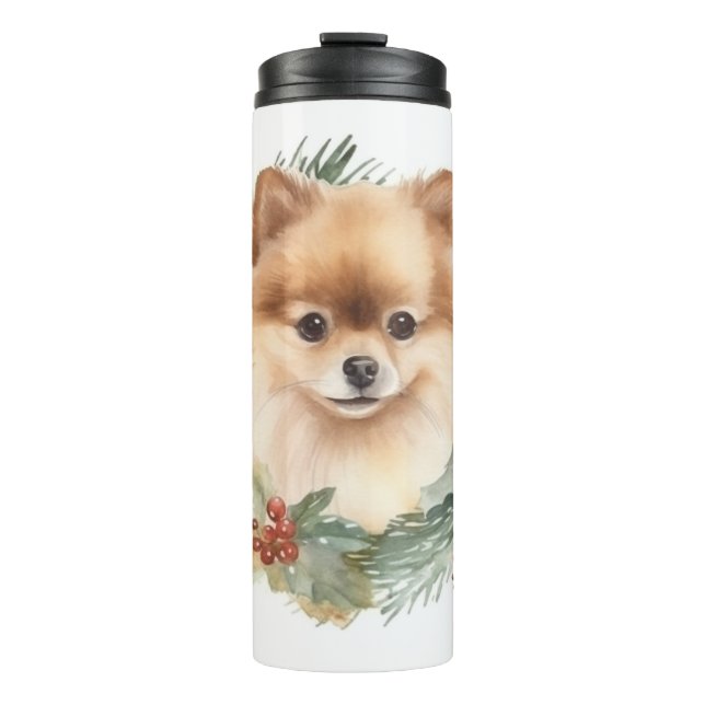 Pomeranian Christmas Wreath Festive Pup Thermal Tumbler (Front)