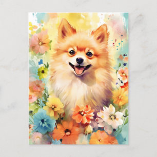Pomeranian colourful watercolor artwork postcard