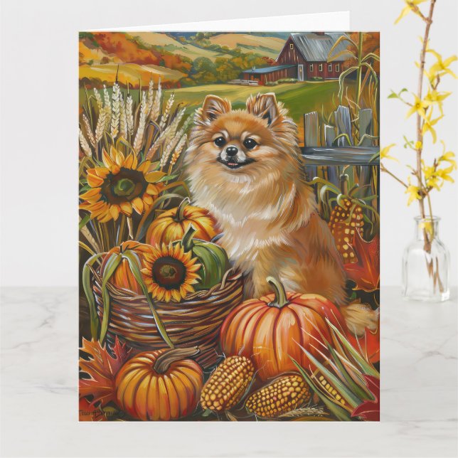 Pomeranian Dog Autumn Harvest Thanksgiving  Card (Yellow Flower)