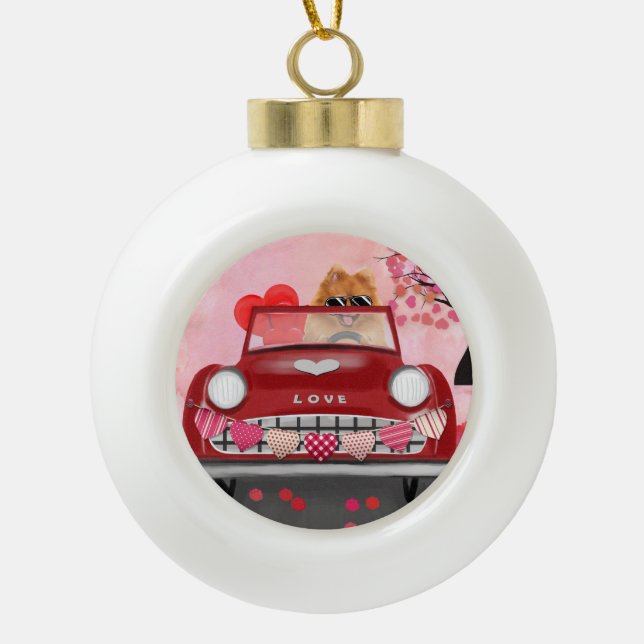 Pomeranian Dog Car with Hearts Valentine's  Ceramic Ball Christmas Ornament (Front)