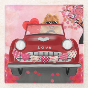 Pomeranian Dog Car with Hearts Valentine's  Glass Coaster