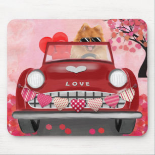 Pomeranian Dog Car with Hearts Valentine's  Mouse Mat