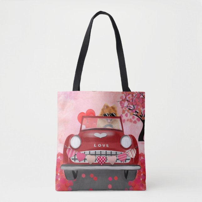 Pomeranian Dog Car with Hearts Valentine's  Tote Bag (Front)