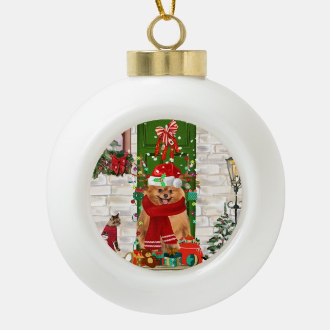 Pomeranian Dog Christmas  Ceramic Ball Christmas Ornament (Front)