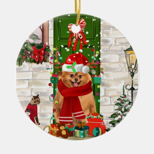 Pomeranian Dog Christmas  Ceramic Tree Decoration (Front)