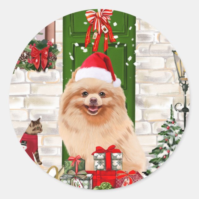 Pomeranian Dog Christmas  Classic Round Sticker (Front)