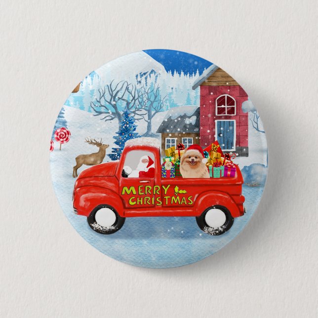 Pomeranian Dog Christmas Delivery Truck Snow 6 Cm Round Badge (Front)