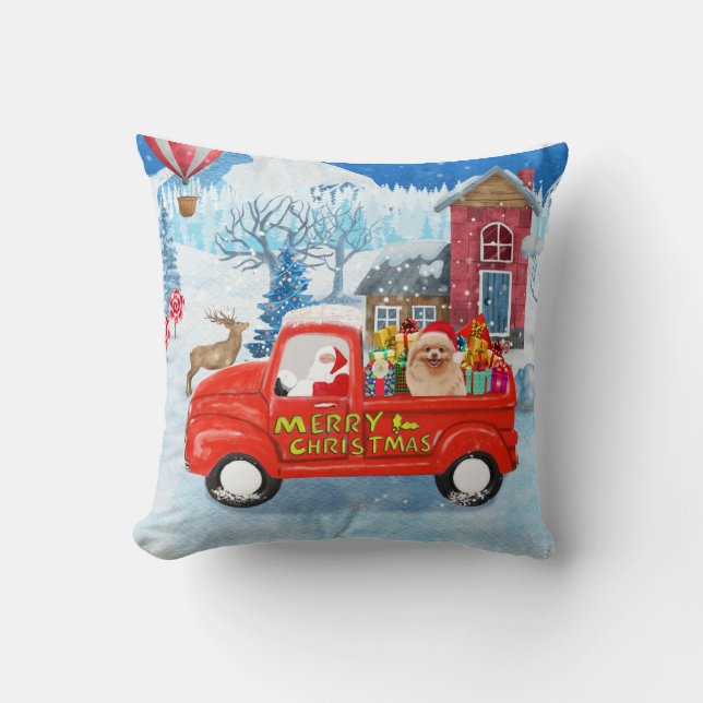 Pomeranian Dog Christmas Delivery Truck Snow  Cushion (Front)