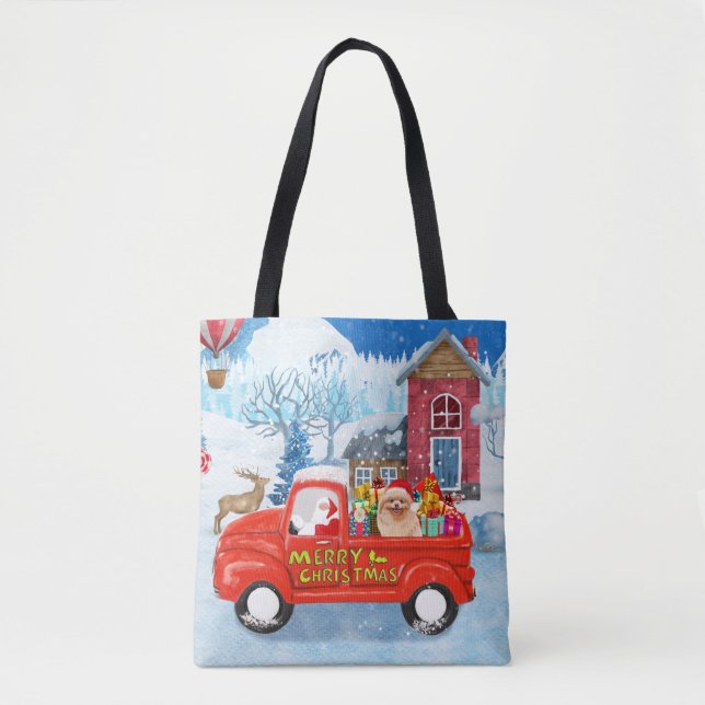 Pomeranian Dog Christmas Delivery Truck Snow Tote Bag (Front)