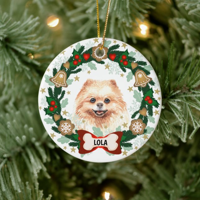 Pomeranian Dog Christmas Dog Cookie Wreath Ceramic Tree Decoration (Tree)