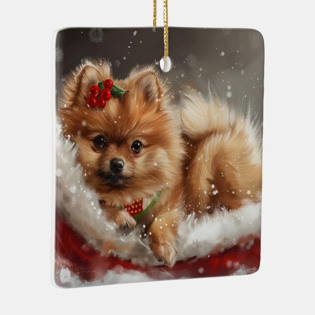Pomeranian Dog Christmas Festive Ceramic Ornament (Right)