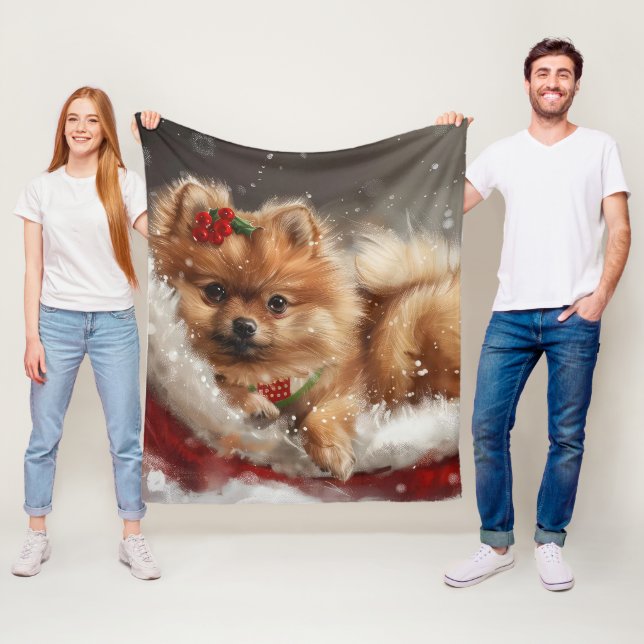 Pomeranian Dog Christmas Festive Fleece Blanket (In Situ)