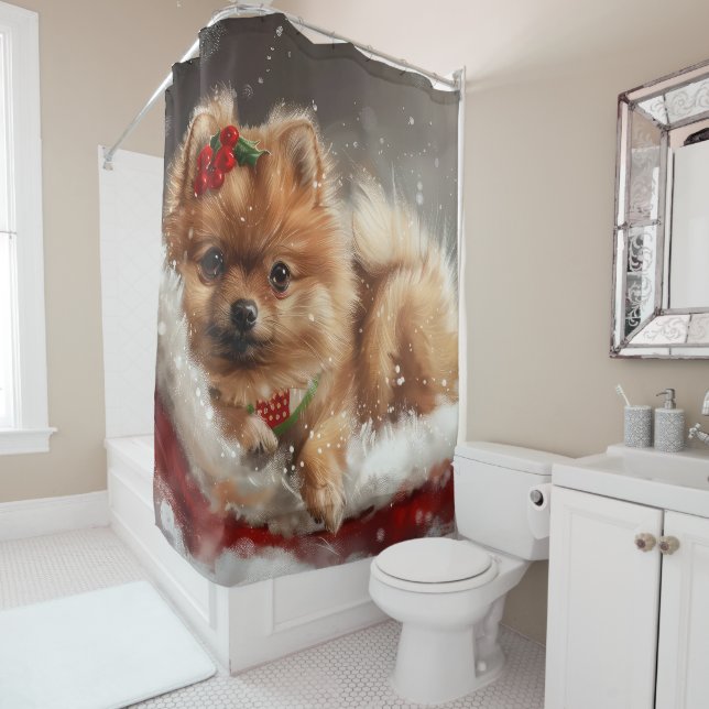 Pomeranian Dog Christmas Festive Shower Curtain (In Situ)
