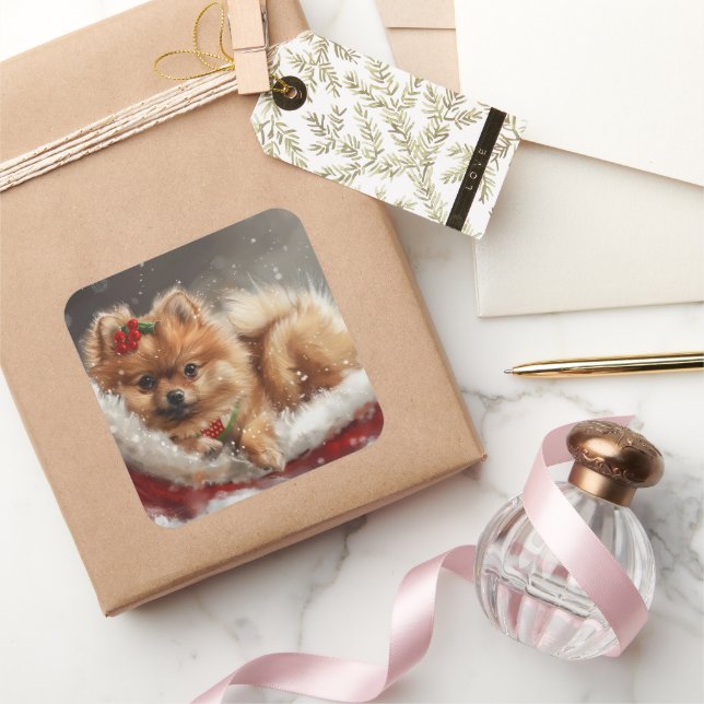 Pomeranian Dog Christmas Festive Square Sticker (Gifting)
