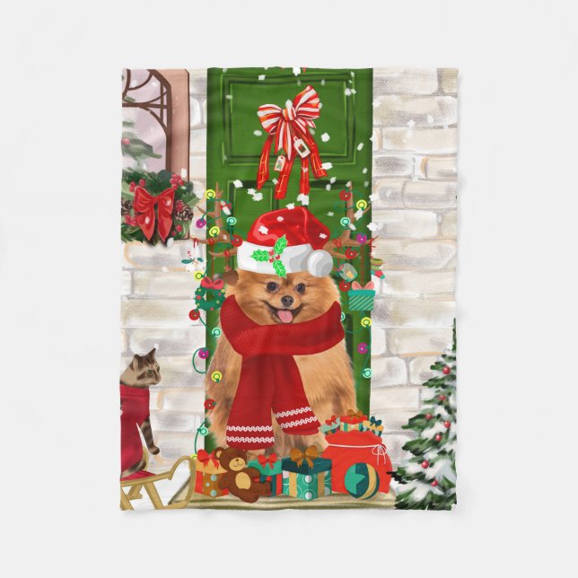 Pomeranian Dog Christmas  Fleece Blanket (Front)