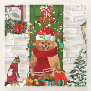 Pomeranian Dog Christmas Glass Coaster