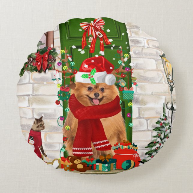 Pomeranian Dog Christmas  Round Cushion (Front)