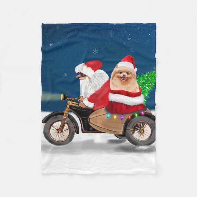 Pomeranian Dog Christmas Santa Claus   Fleece Blanket (Front)