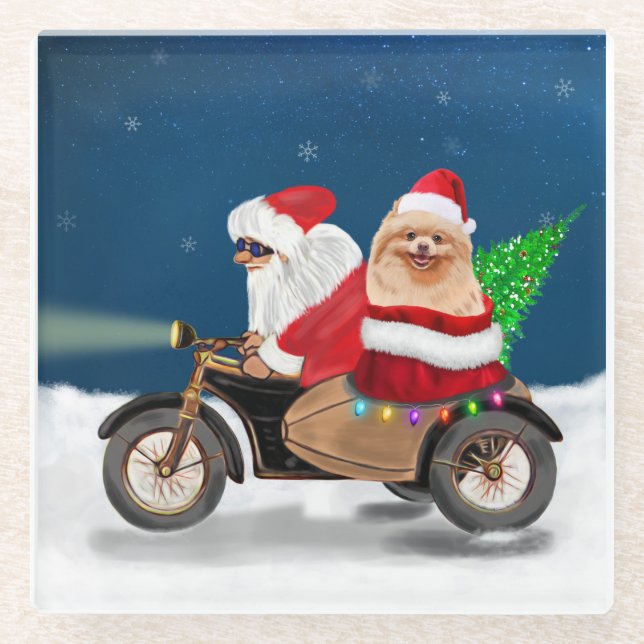 Pomeranian Dog Christmas Santa Claus  Glass Coaster (Front)