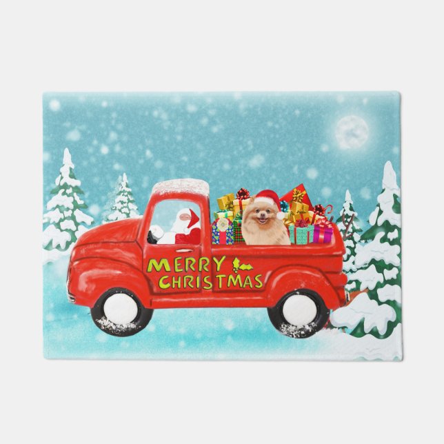 Pomeranian Dog Christmas Santa Delivery Truck Doormat (Front)