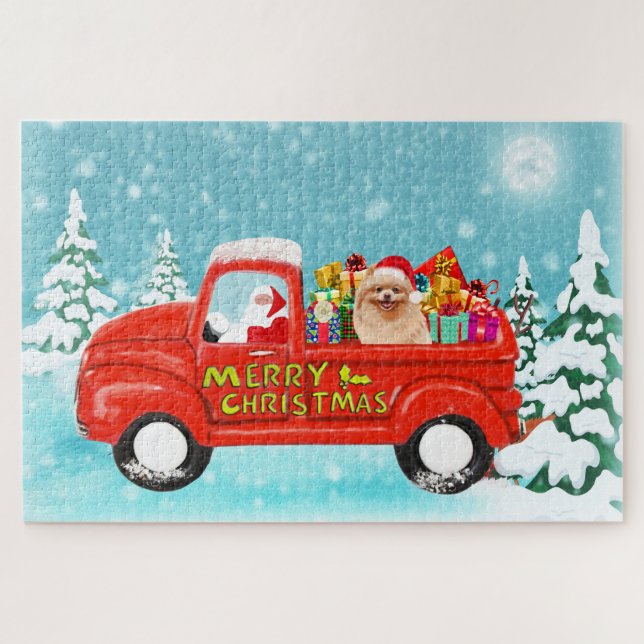 Pomeranian Dog Christmas Santa Delivery Truck Jigsaw Puzzle (Horizontal)