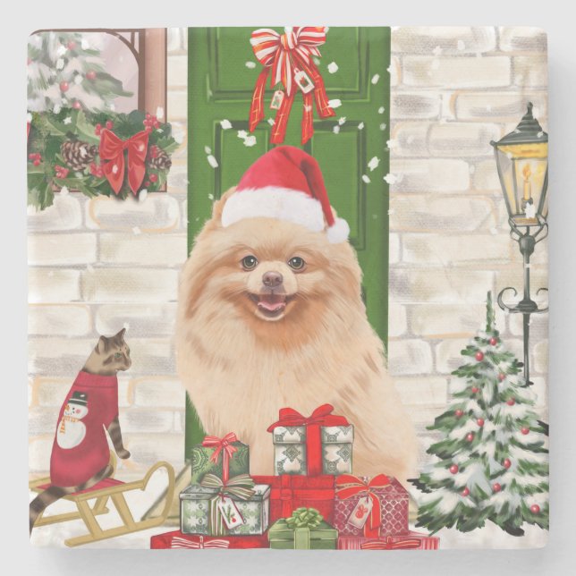 Pomeranian Dog Christmas   Stone Coaster (Front)