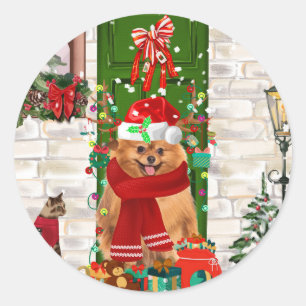 Pomeranian Dog Christmas  Throw Pillow Classic Round Sticker