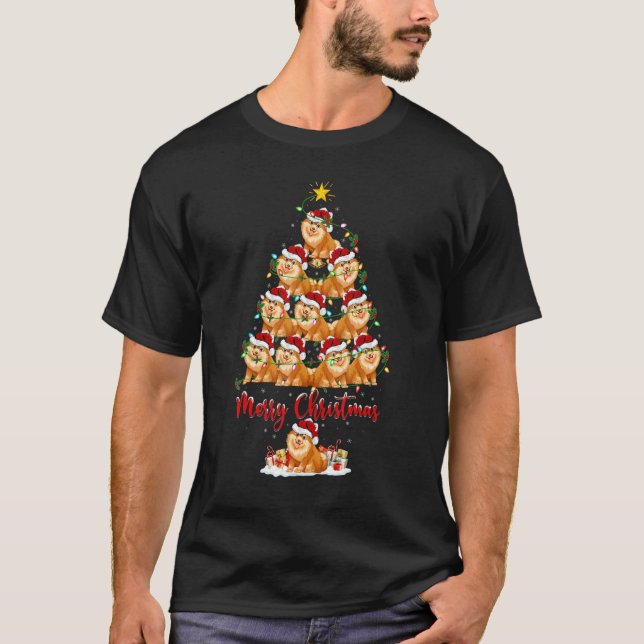 Pomeranian Dog Christmas Tree Lights   Pomeranian  T-Shirt (Front)
