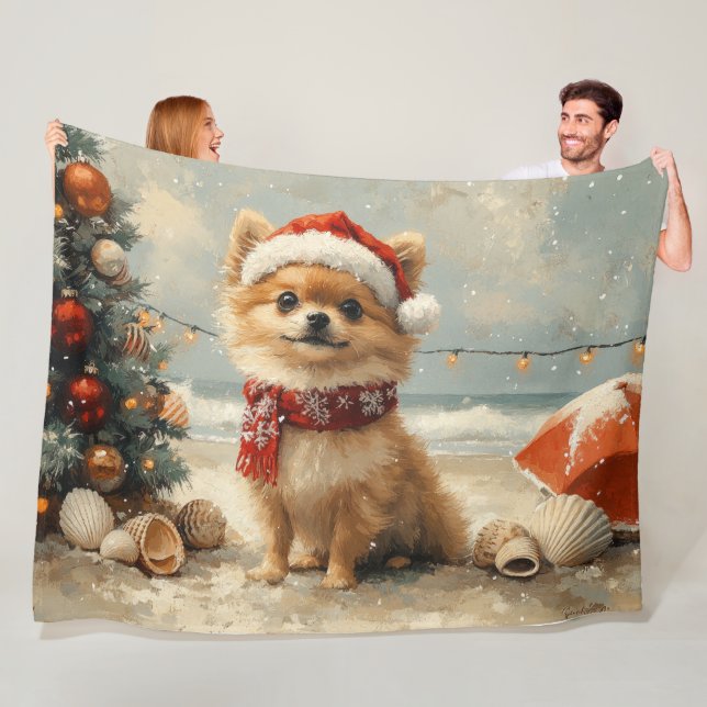 Pomeranian Dog Christmas Vintage Beach  Fleece Blanket (In Situ)