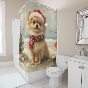Pomeranian Dog Christmas Vintage Beach  Shower Curtain