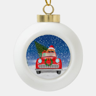 Pomeranian Dog Driving Car In Snow Christmas Ceramic Ball Christmas Ornament