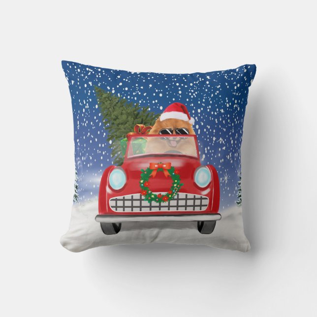 Pomeranian Dog Driving Car In Snow Christmas Cushion (Front)