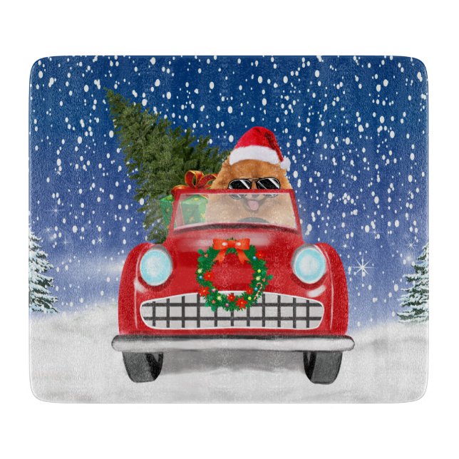Pomeranian Dog Driving Car In Snow Christmas  Cutting Board (Front)