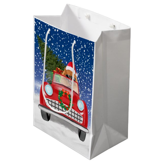 Pomeranian Dog Driving Car In Snow Christmas  Medium Gift Bag (Front Angled)