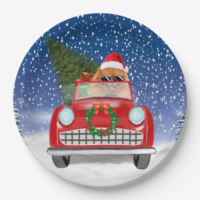 Pomeranian Dog Driving Car In Snow Christmas Paper Plate (Front)