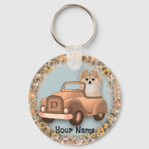 Pomeranian Dog Driving Car Key Ring