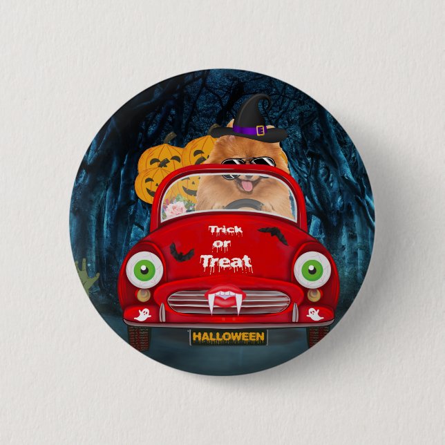 Pomeranian Dog Driving Car Scary Halloween 6 Cm Round Badge (Front)